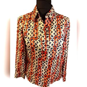 Ann Taylor Y2K chain pattern print 12 petite navy blue, orange , creamy gold